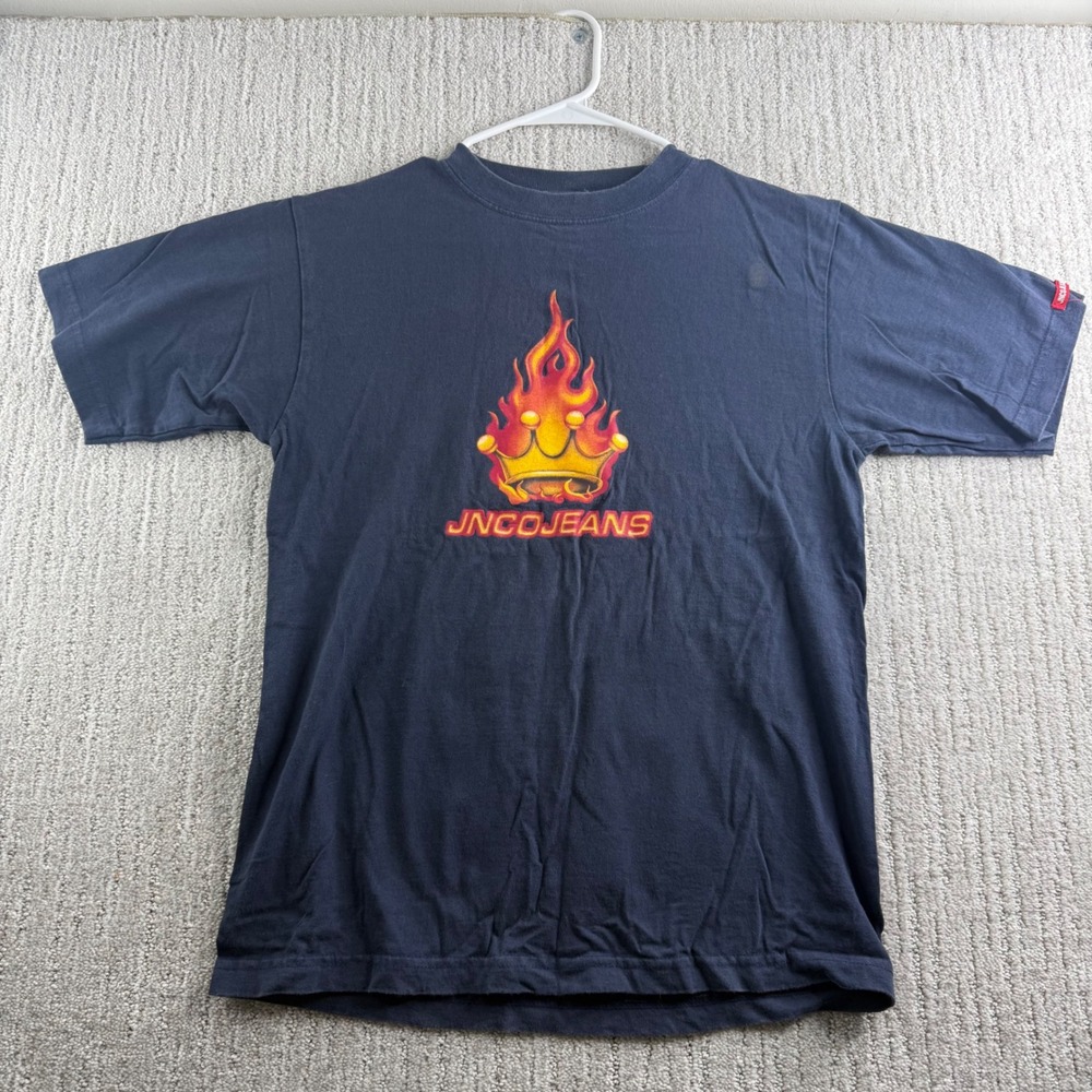 Vintage JNCO T Shirt Kids Youth Large Blue Fire Crown Graphic Made in USA